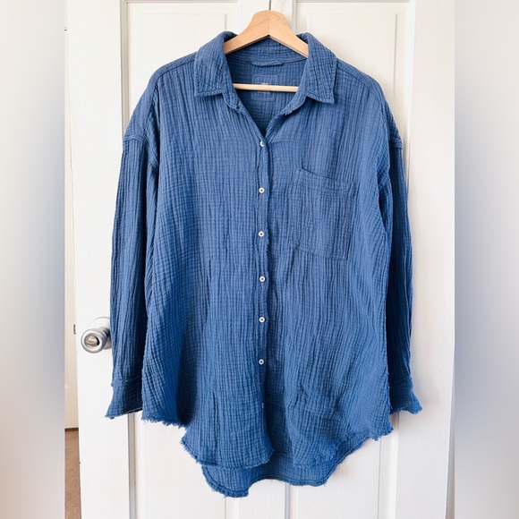 NEW! Aerie Gauzy Cover Up Shirt Blue Button Up Oversized Frayed Size XS - Picture 5 of 13